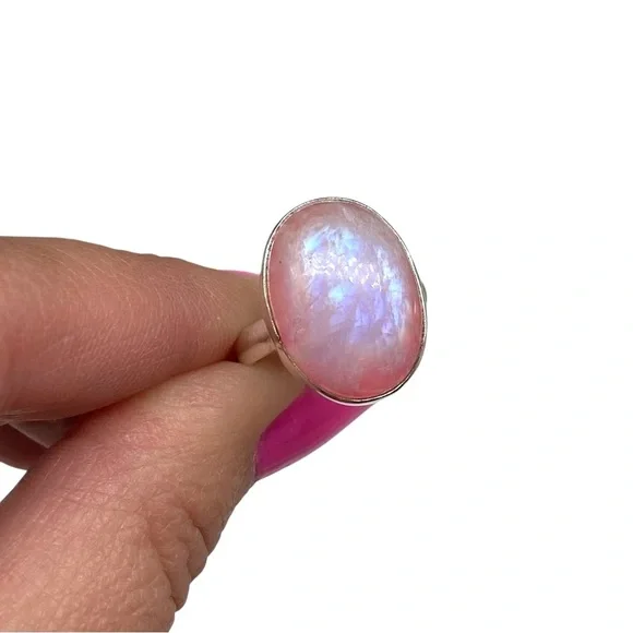 Pink Flash Rainbow Moonstone Ring Size 7 Solid 925 Sterling Silver